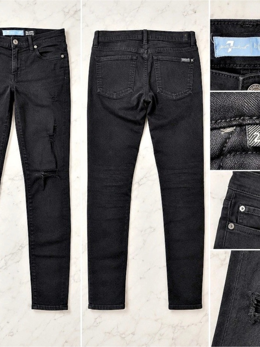 7 For All Mankind The Ankle Skinny Black Distressed Jeans Size 29